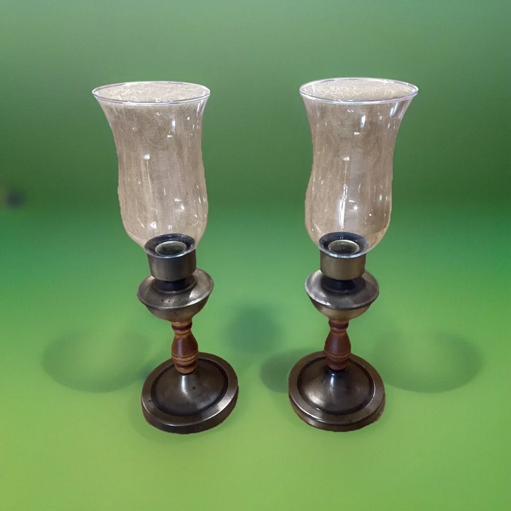 Pair Of 2 Vintage Brass Finish Wood And Glass Candle Holders 14
